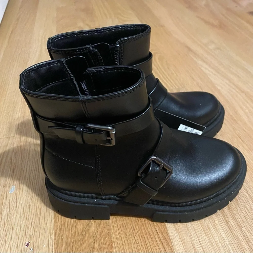 Cat & Jack Black Double Buckle Chunky Moto Boots NEW Sz 13 Kids Girls Zip Up